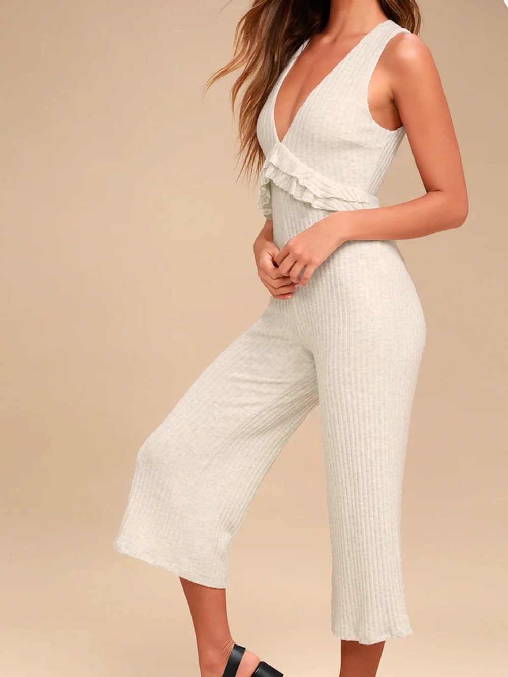 Lulus Jaylee Heather Grey Ribbed Culotte Jumpsuit - Size X-Small